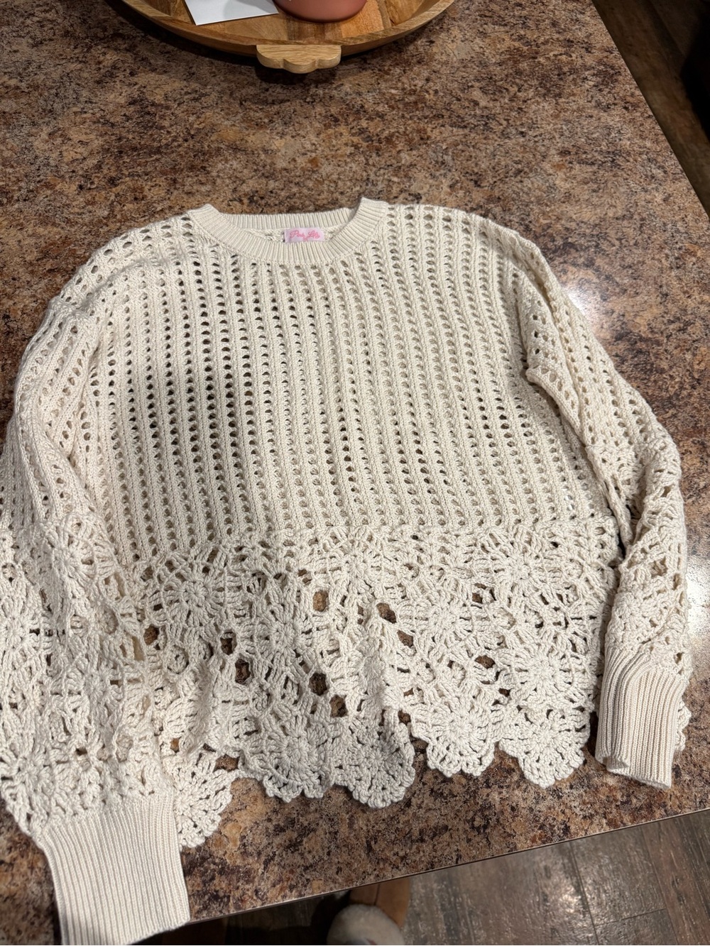 Pink Lily Cream Crochet Hem Openwork Knit Pullover